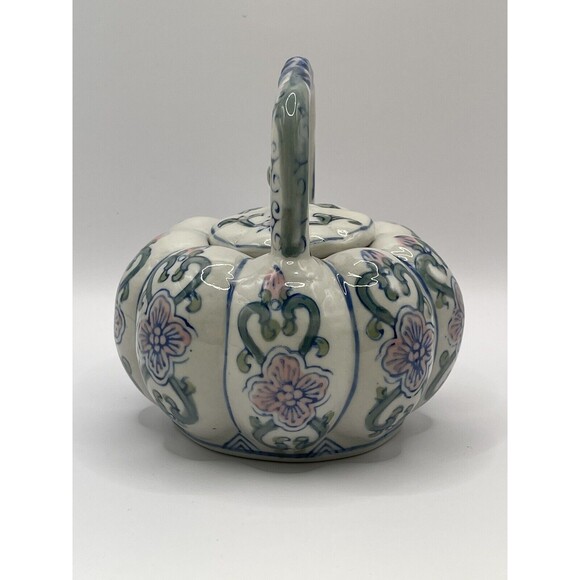 Tea Pot with Lid Blue Pink Green Hand Painted Ceramic - Picture 2 of 9